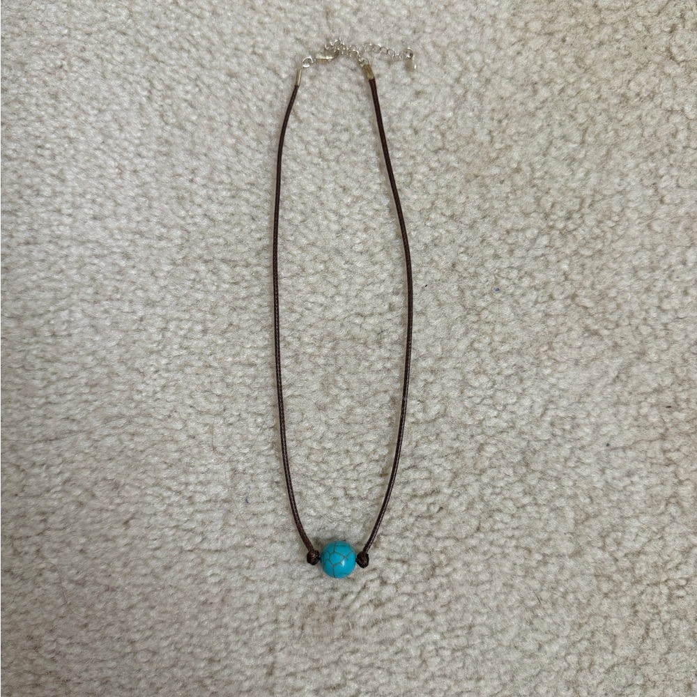 Turquoise Bead Necklace on Brown Cord